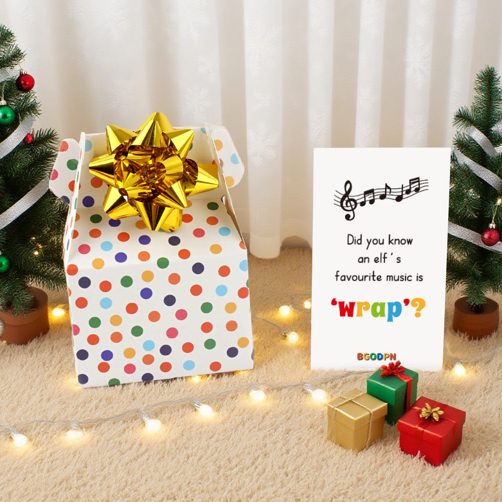 Christmas elf prop set with polka dot gift box, gold gift bow, and activity card for holiday elf display