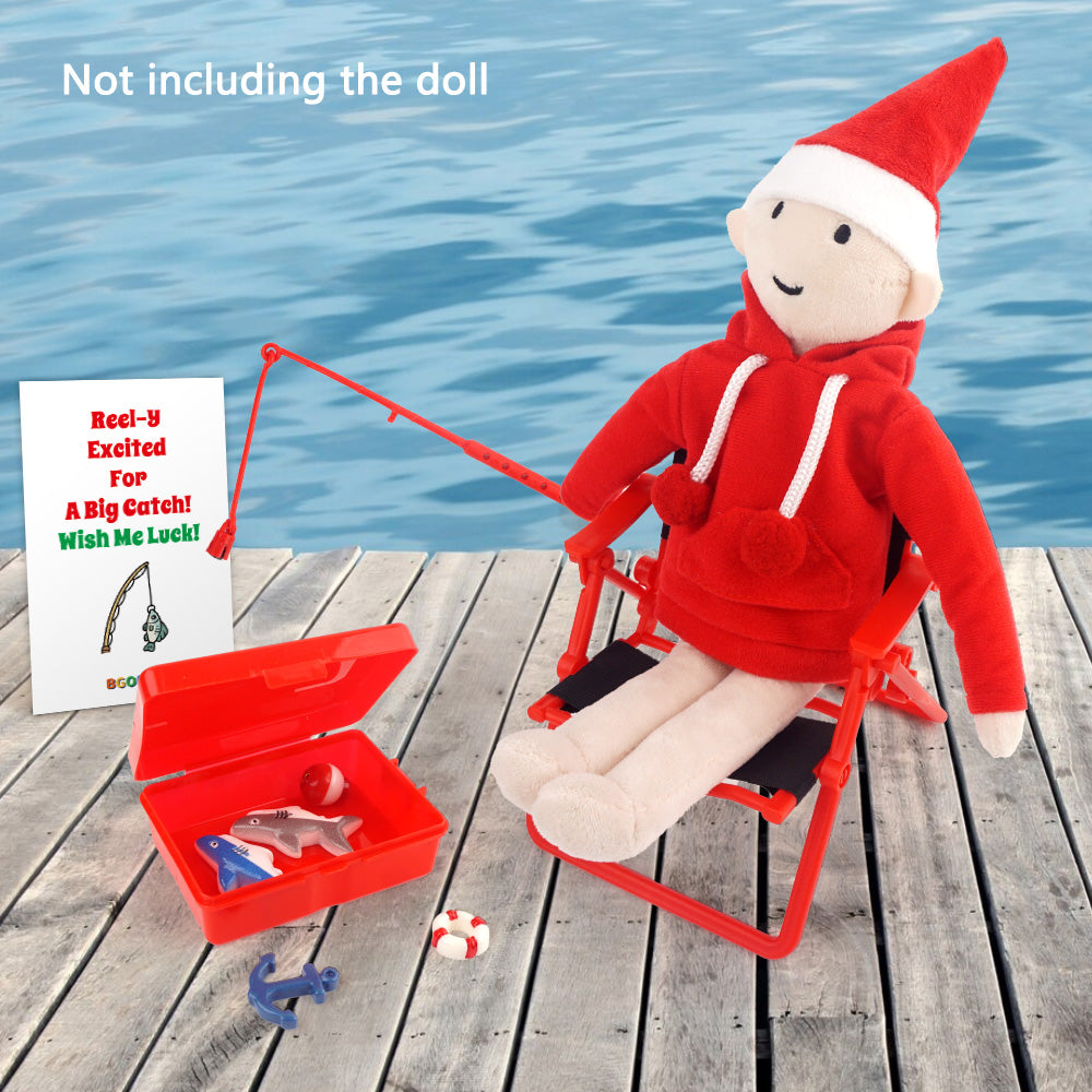 Christmas elf prop set with red hoodie, fishing rod, mini sharks, buoy, anchor, chair, and activity card for holiday elf scene display