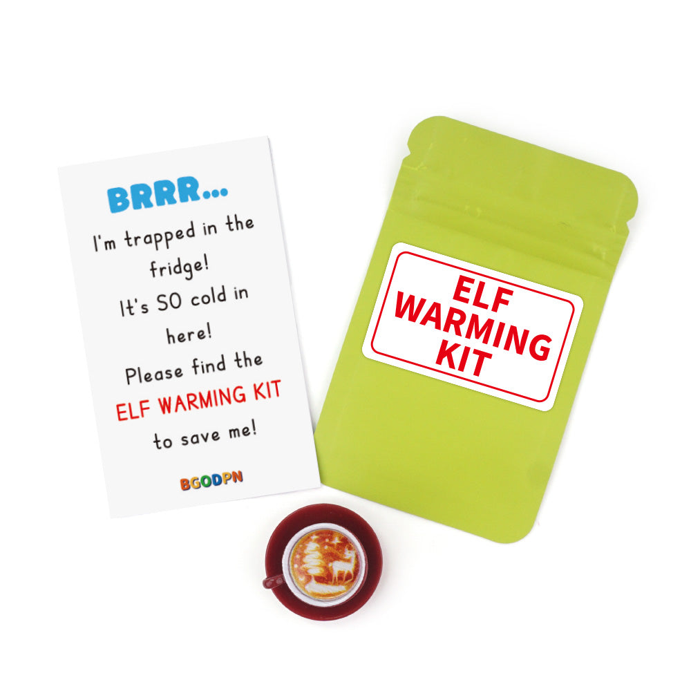 Christmas elf prop set with warming pouch, mini hot drink cup, warning sign, and activity card for holiday elf scene display