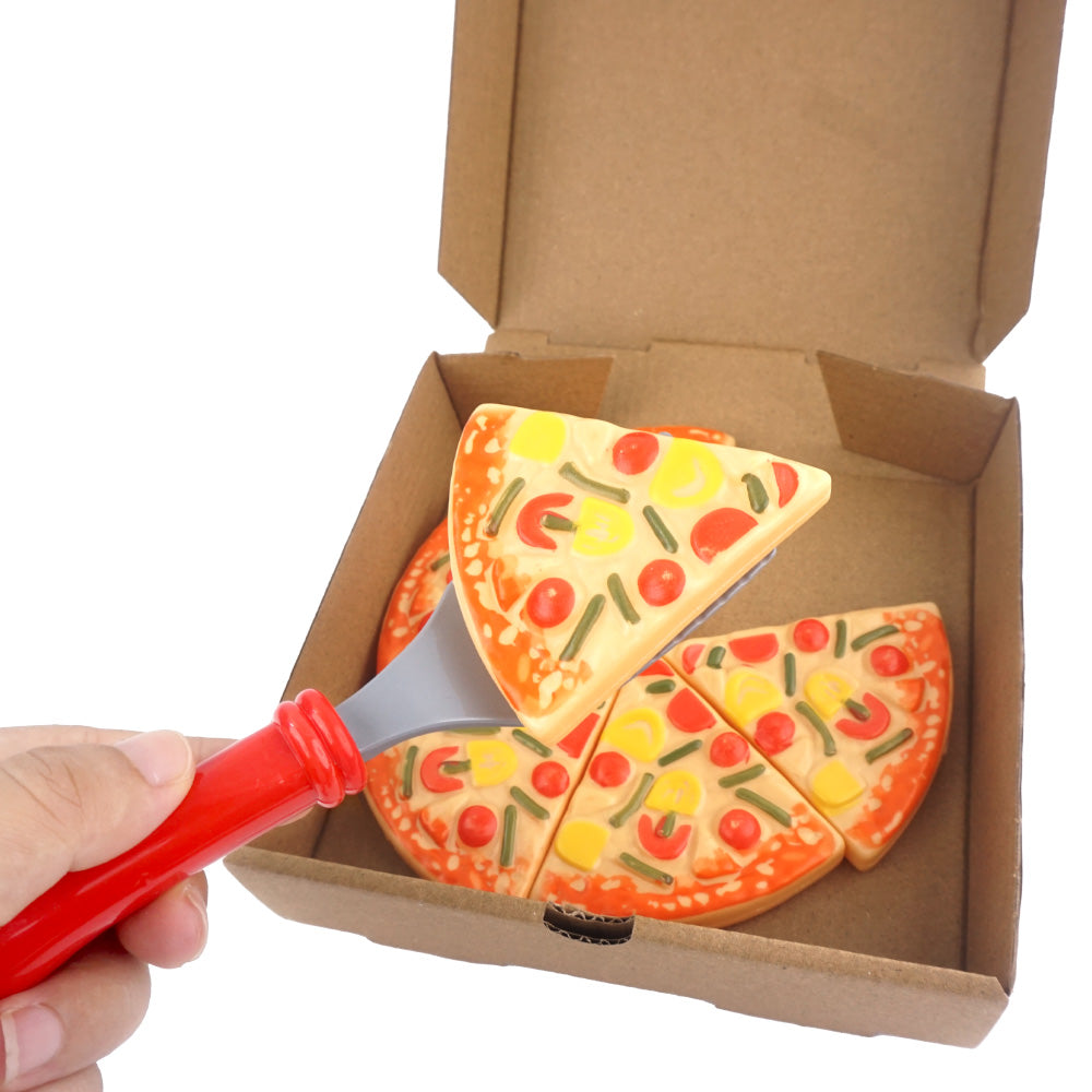 Christmas elf prop set with pizza box, pizza slices, pizza cutter, spatula, and activity card for holiday elf scene display