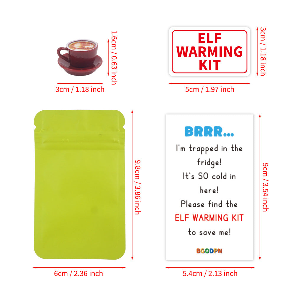 Christmas elf prop set with warming pouch, mini hot drink cup, warning sign, and activity card for holiday elf scene display