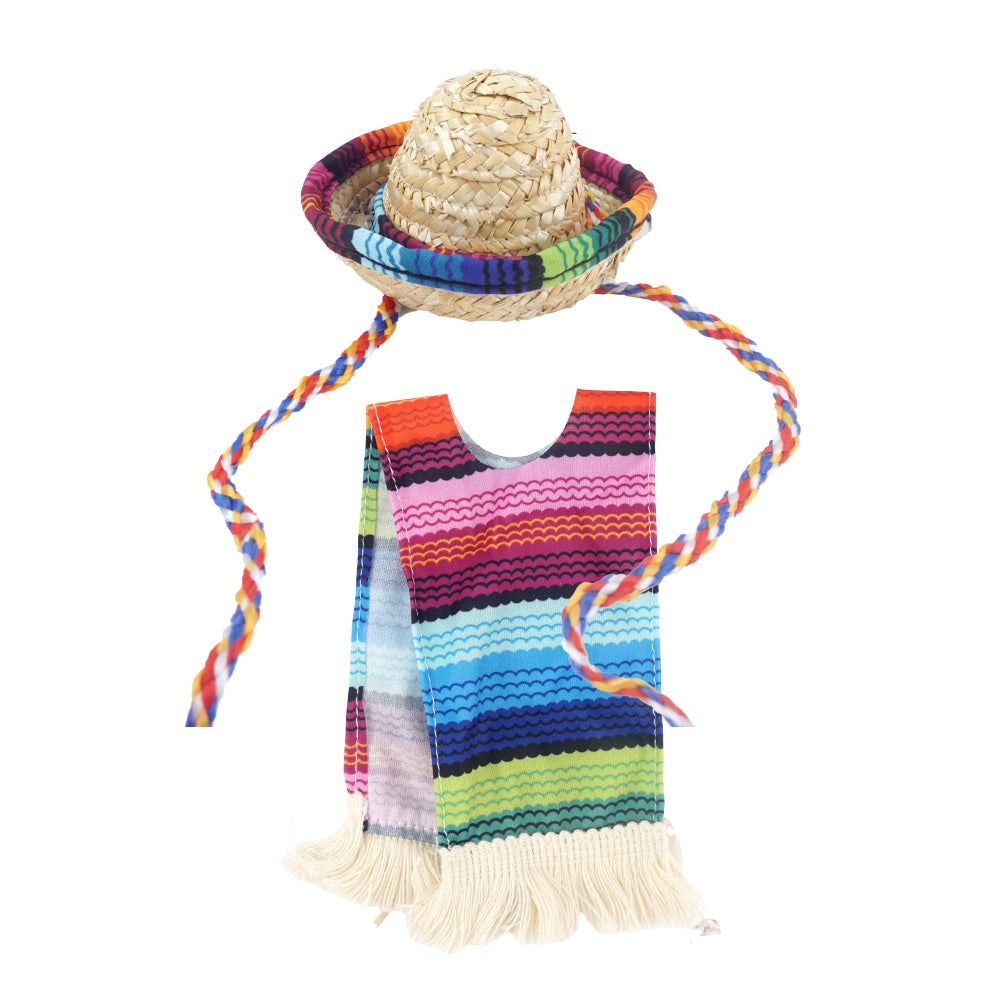 Fiesta Outfit Holiday Costume - Holiday Elf Props with Colorful Striped Poncho and Straw Sombrero Hat
