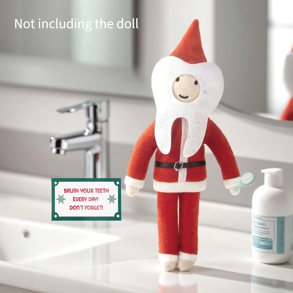 Christmas elf prop set with tooth costume, toothbrush, and reminder card for a holiday elf display.