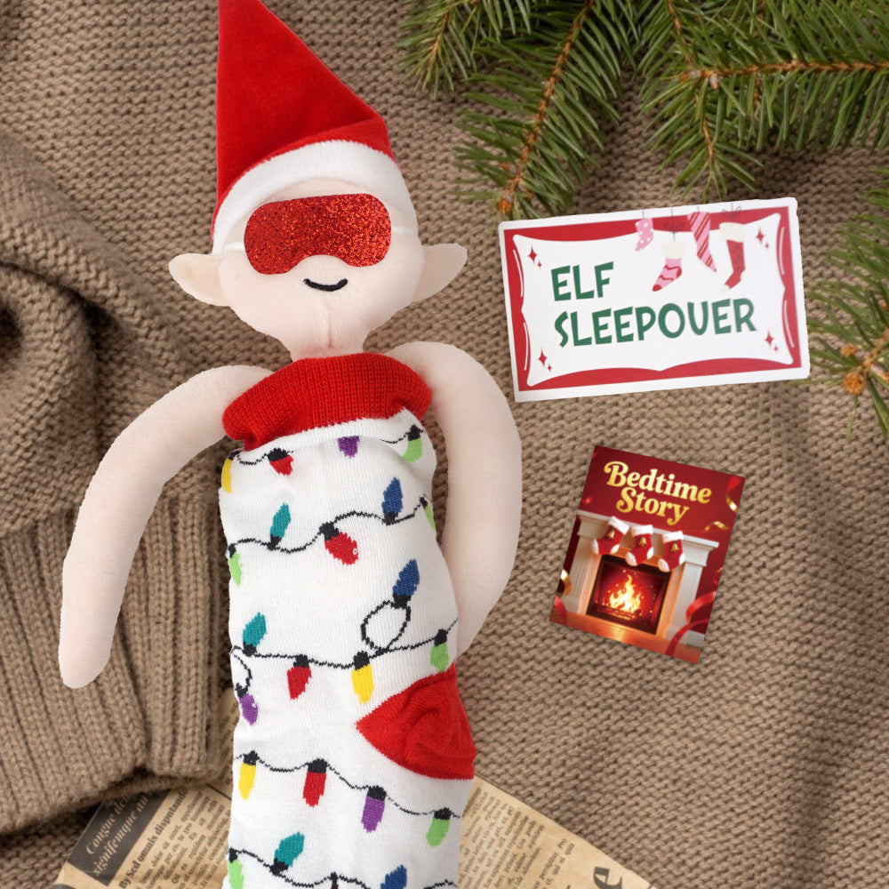Christmas elf prop set with holiday sock, bedtime story card, sign, and sleep mask for a holiday elf display.