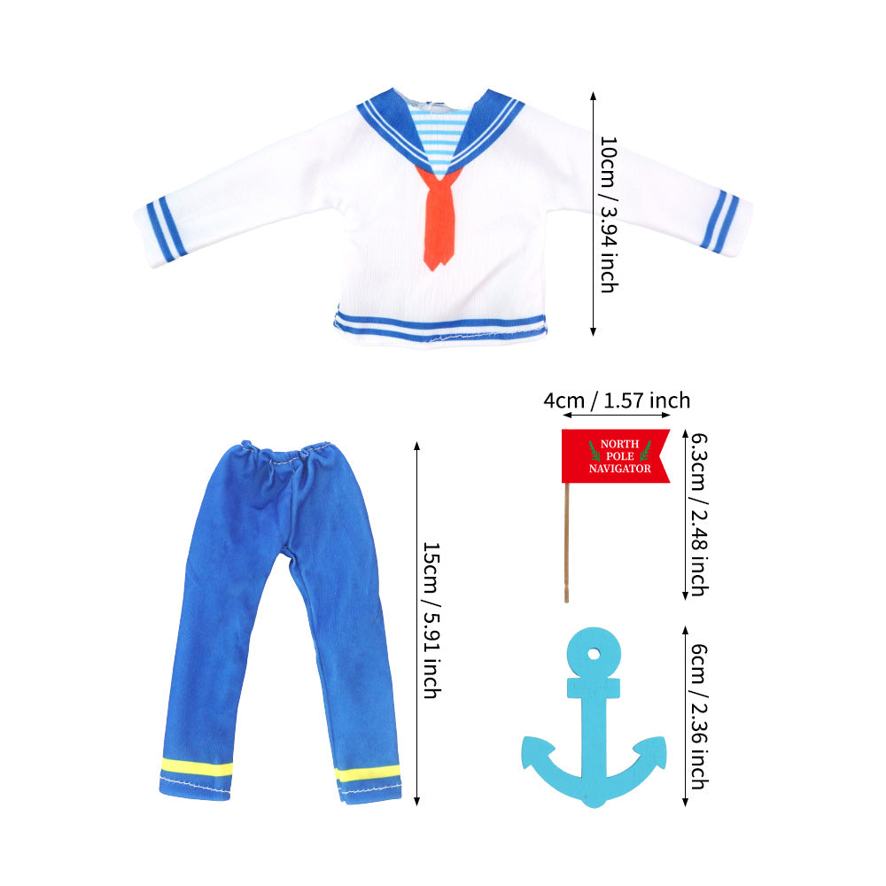 Christmas elf prop set with sailor shirt, blue pants, red flag, card, and anchor for a holiday elf display