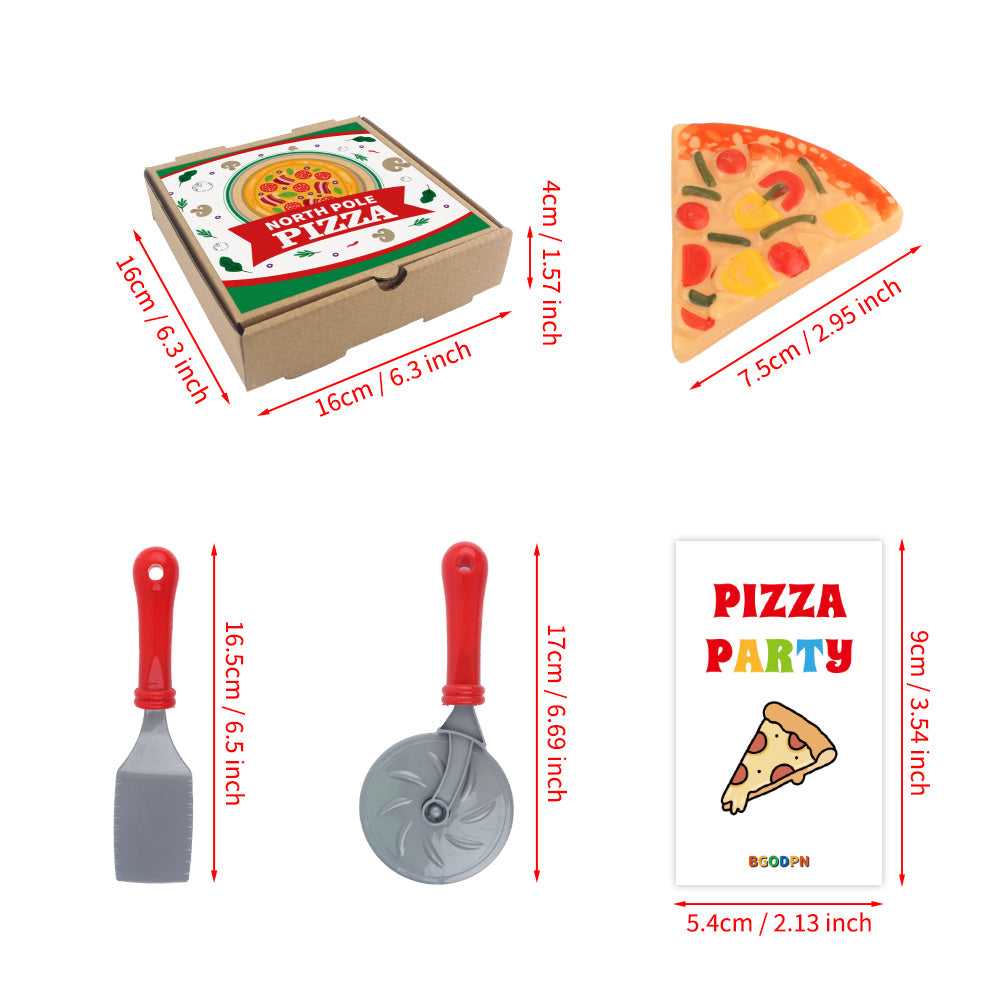 Christmas elf prop set with pizza box, pizza slices, pizza cutter, spatula, and activity card for holiday elf scene display