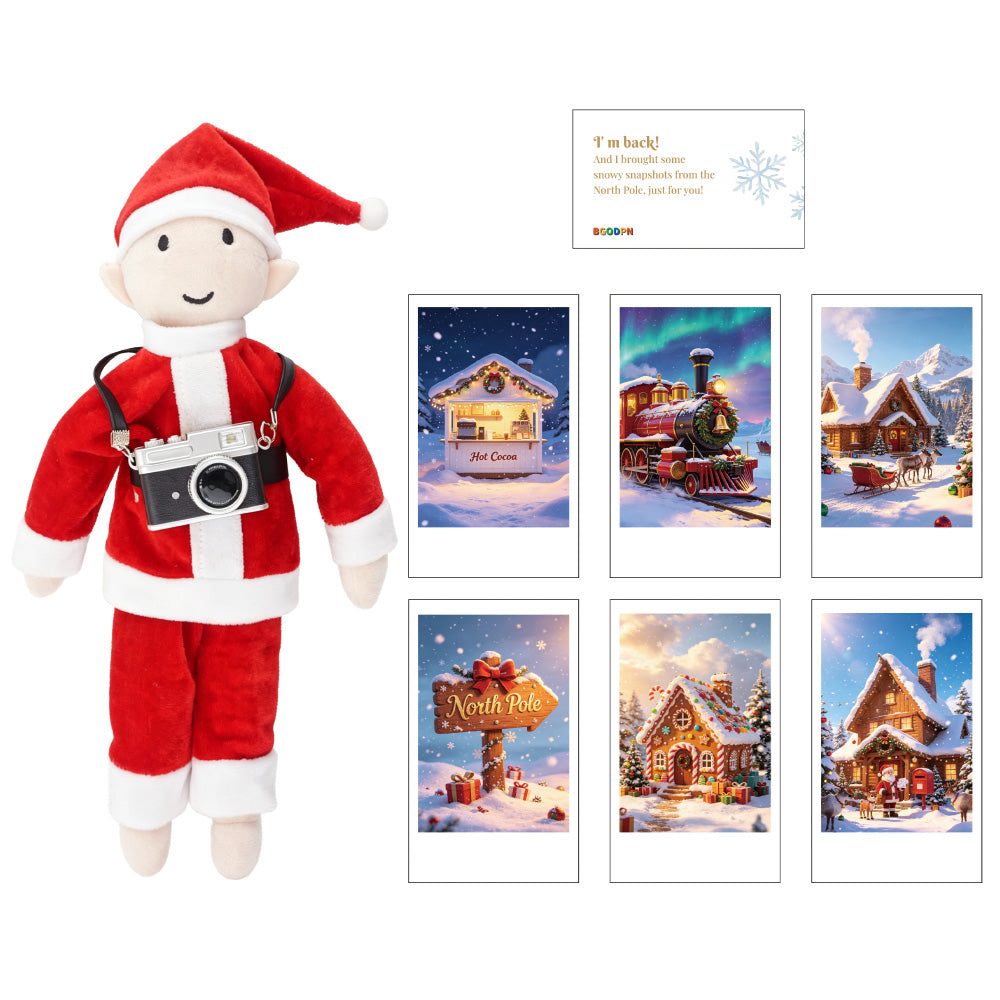 Christmas North Pole photo camera elf prop set with mini camera and winter photo cards