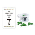 Christmas elf prop set with mini teacup, letter T pieces, and card for a holiday elf display.