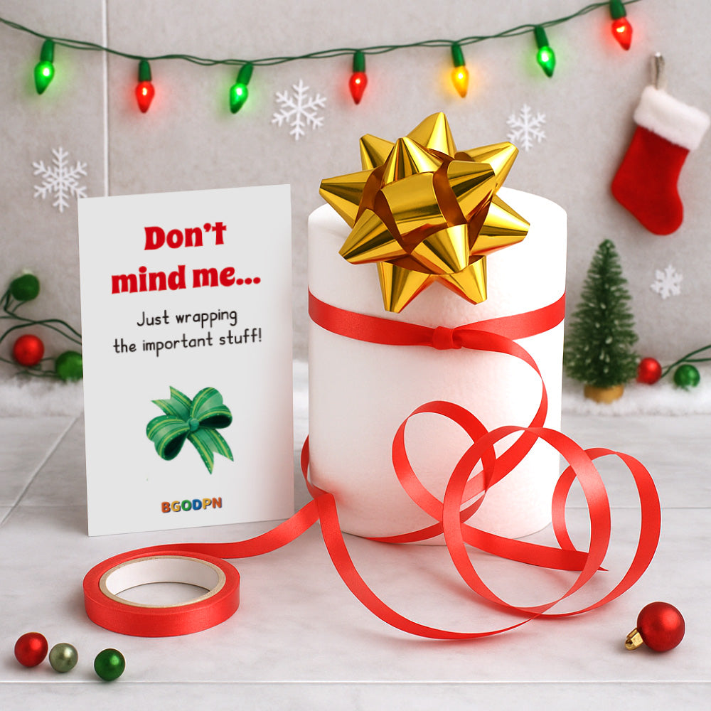 Christmas elf prop set with gold gift bow, red tape roll, and activity card for holiday elf scene display