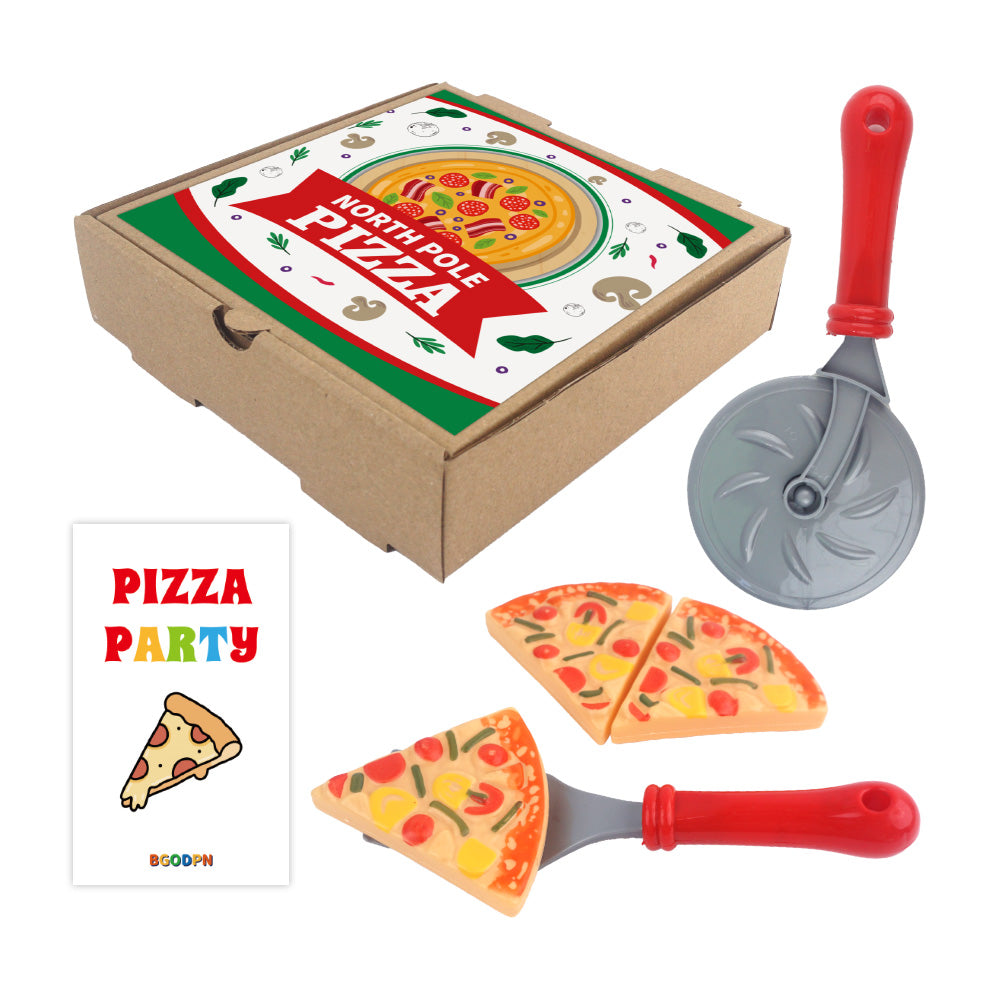 Christmas elf prop set with pizza box, pizza slices, pizza cutter, spatula, and activity card for holiday elf scene display
