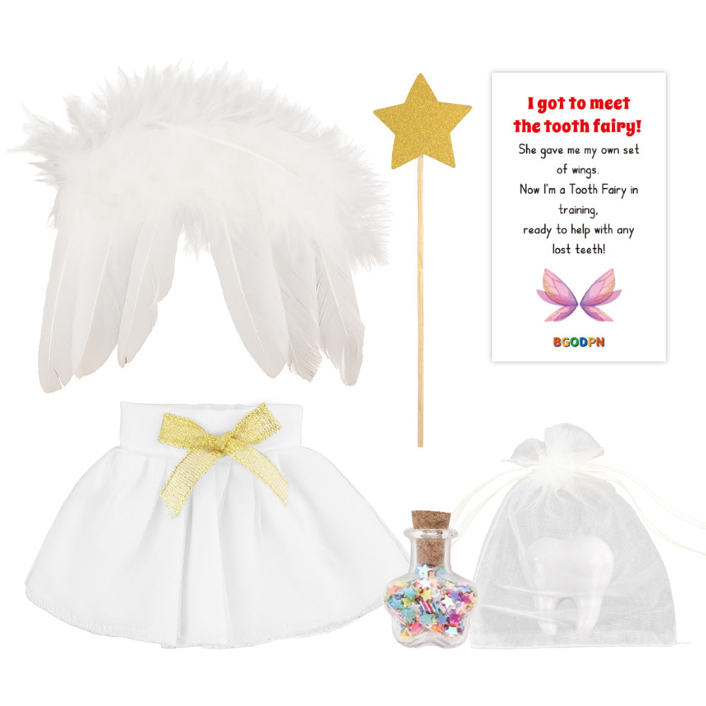 Christmas elf prop set with wings, skirt, star wand, tooth prop, star jar, and activity card for holiday elf scene display
