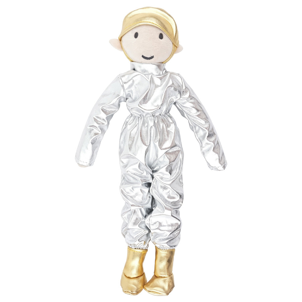 Christmas moon explorer elf costume set with silver astronaut outfit, accessories, and message card