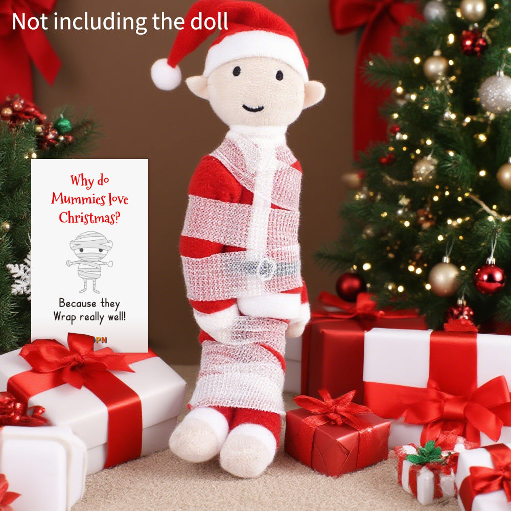 Christmas elf prop set with white wrap roll and activity card for a holiday elf scene display