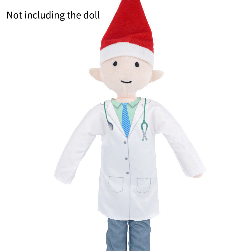 Christmas elf prop set with doctor coat, pants, mini dog figure, and activity card for holiday elf scene display