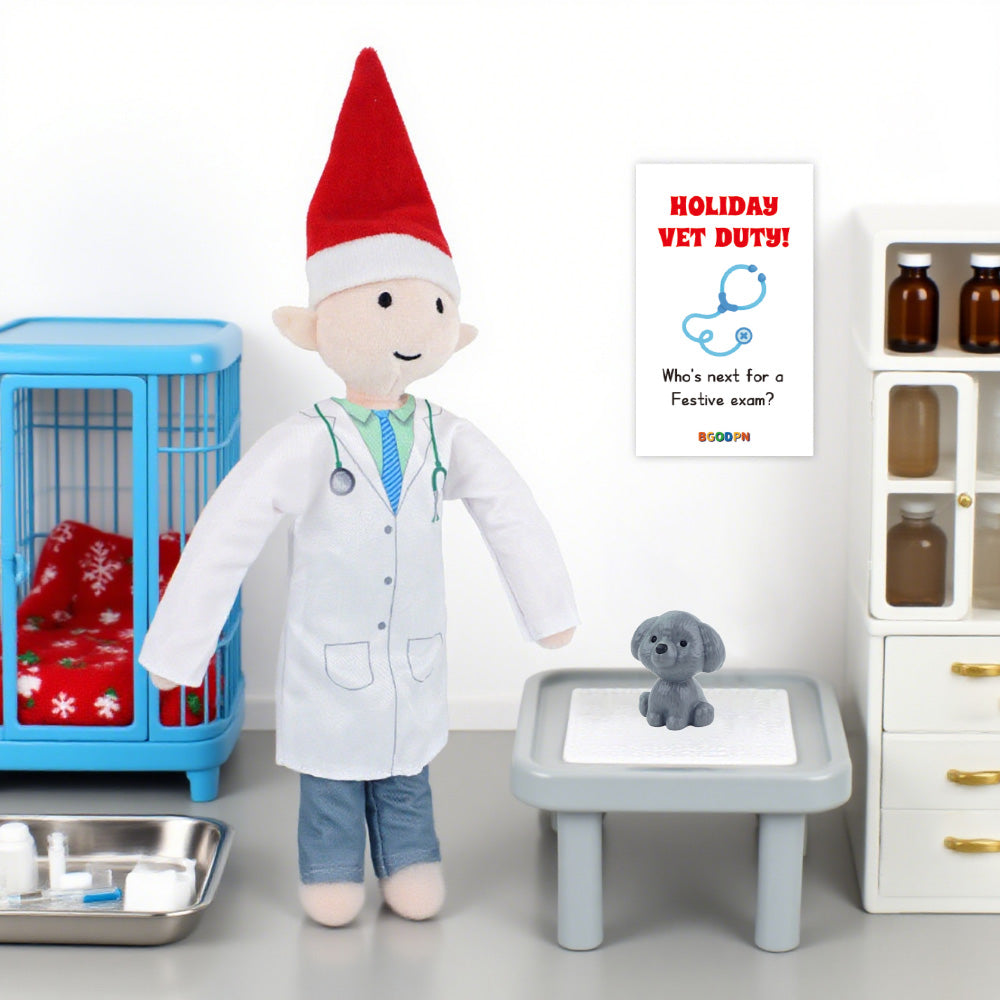 Christmas elf prop set with doctor coat, pants, mini dog figure, and activity card for holiday elf scene display