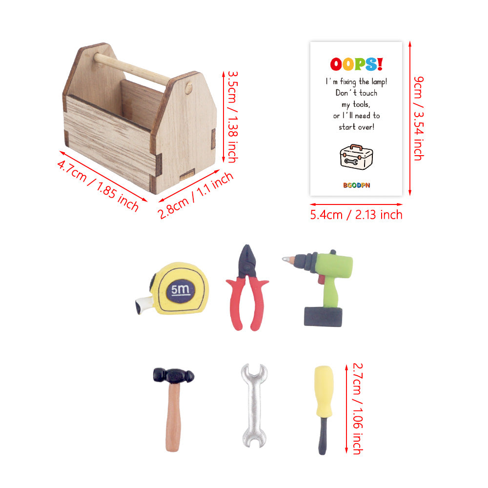 Christmas elf prop set with wooden tool box, mini tools, and activity card for holiday elf display