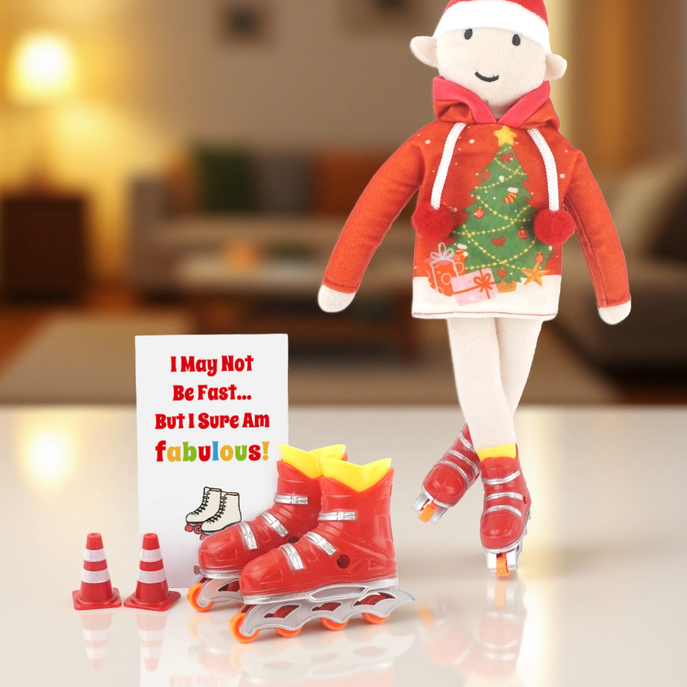 Christmas elf prop set with a tree-print hoodie, roller skates, cones, and activity card.