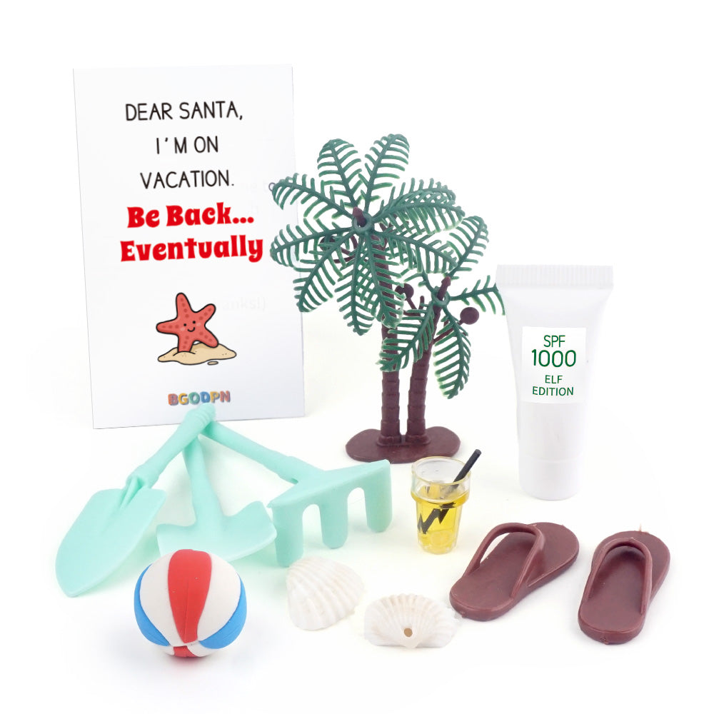Christmas elf prop set with beach ball, mini tools, flip flops, palm tree, and activity cards for holiday elf scene display