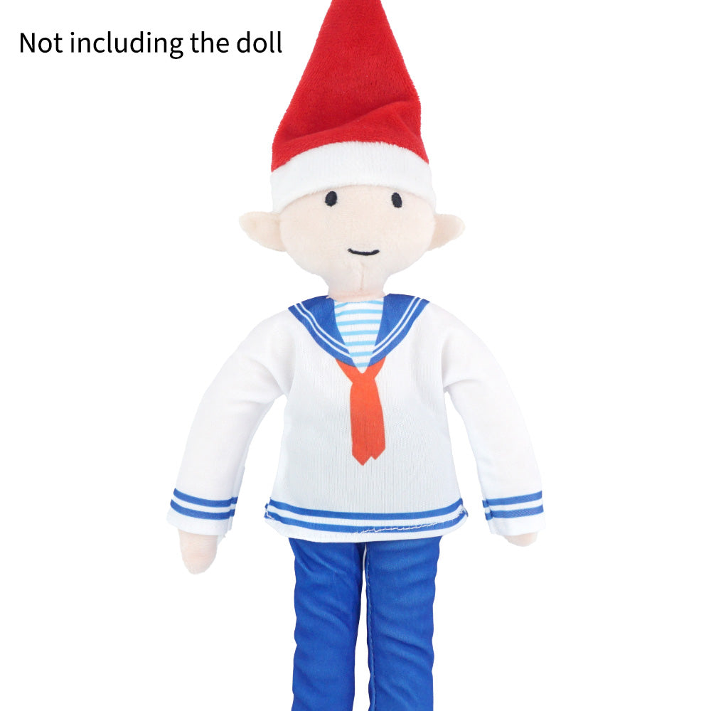 Christmas elf prop set with sailor shirt, blue pants, red flag, card, and anchor for a holiday elf display