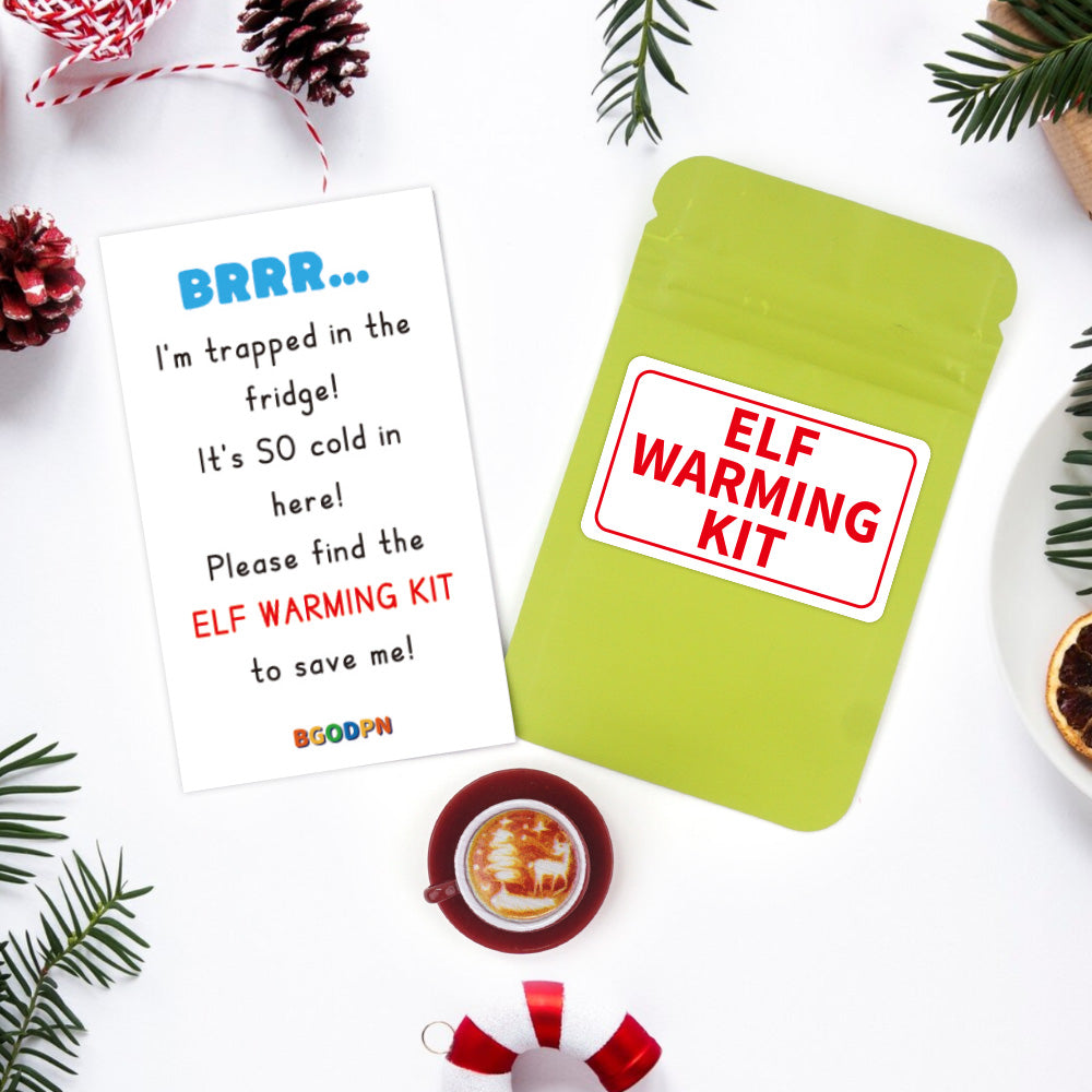 Christmas elf prop set with warming pouch, mini hot drink cup, warning sign, and activity card for holiday elf scene display