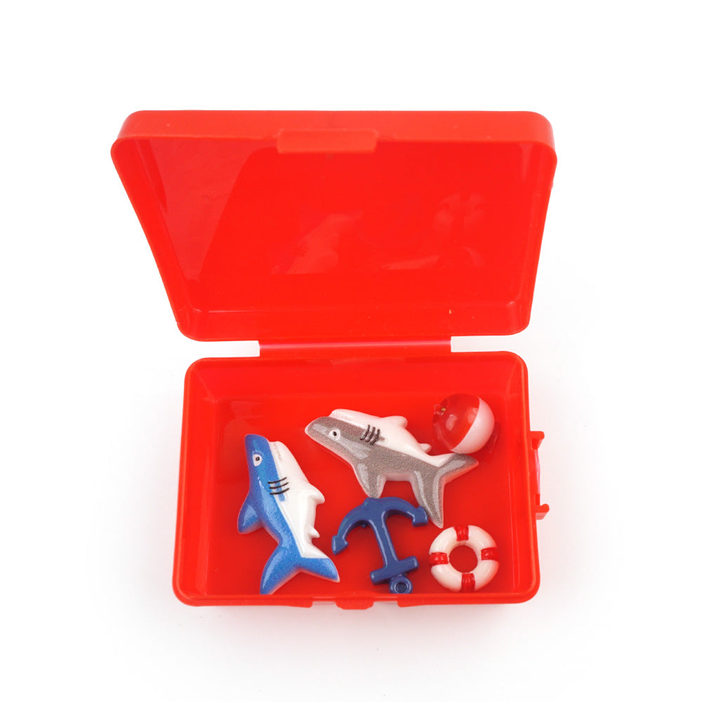 Christmas elf prop set with red hoodie, fishing rod, mini sharks, buoy, anchor, chair, and activity card for holiday elf scene display