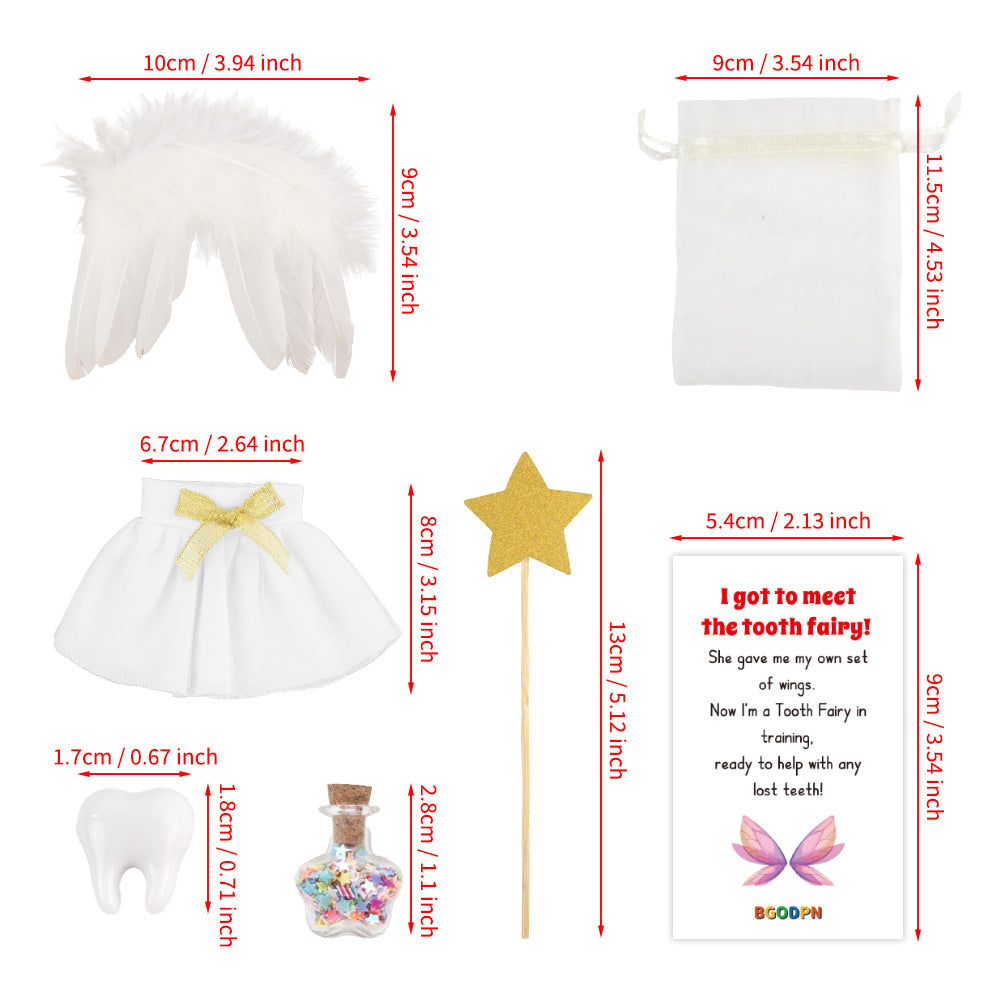 Christmas elf prop set with wings, skirt, star wand, tooth prop, star jar, and activity card for holiday elf scene display