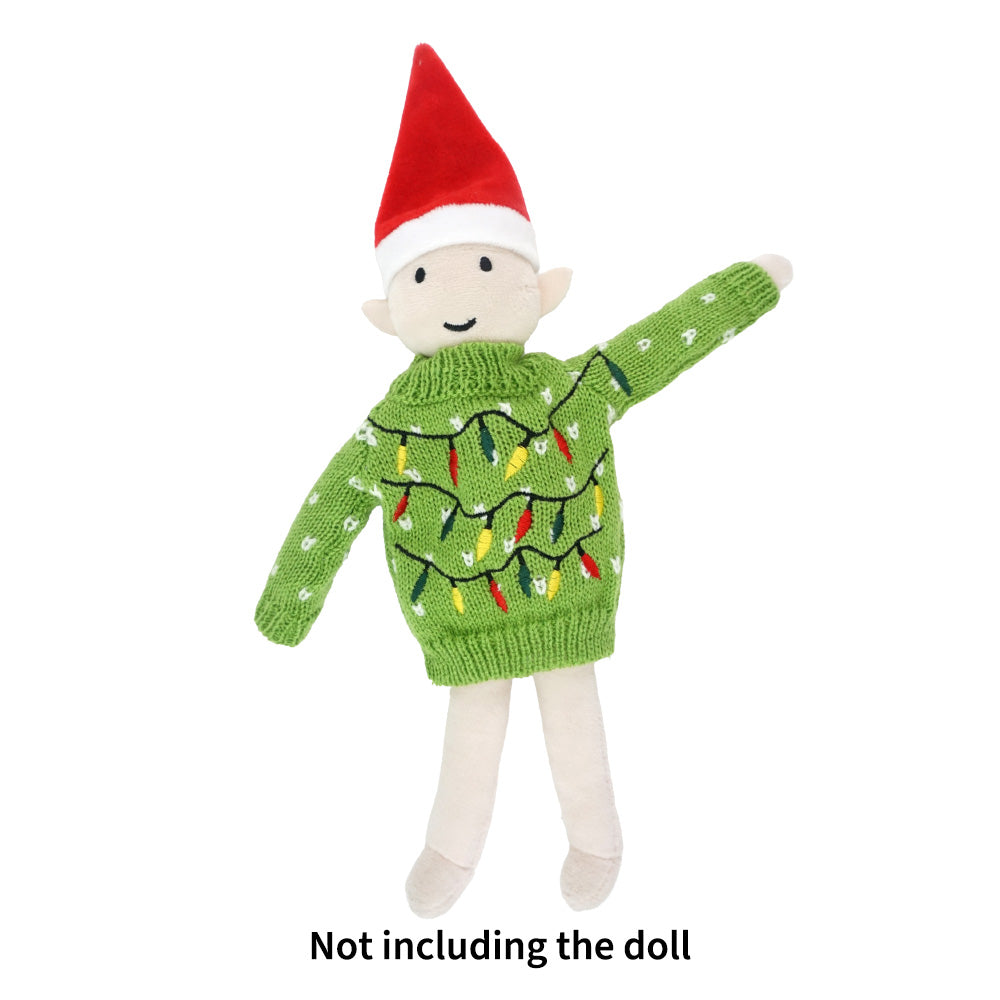 Christmas elf sweater prop set with green winter sweater and activity card for holiday elf scene display