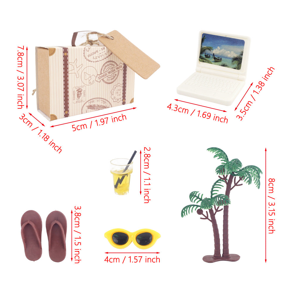 Christmas elf beach scene prop set with laptop, suitcase, swimsuit, towel and activity card