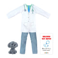 Christmas elf prop set with doctor coat, pants, mini dog figure, and activity card for holiday elf scene display