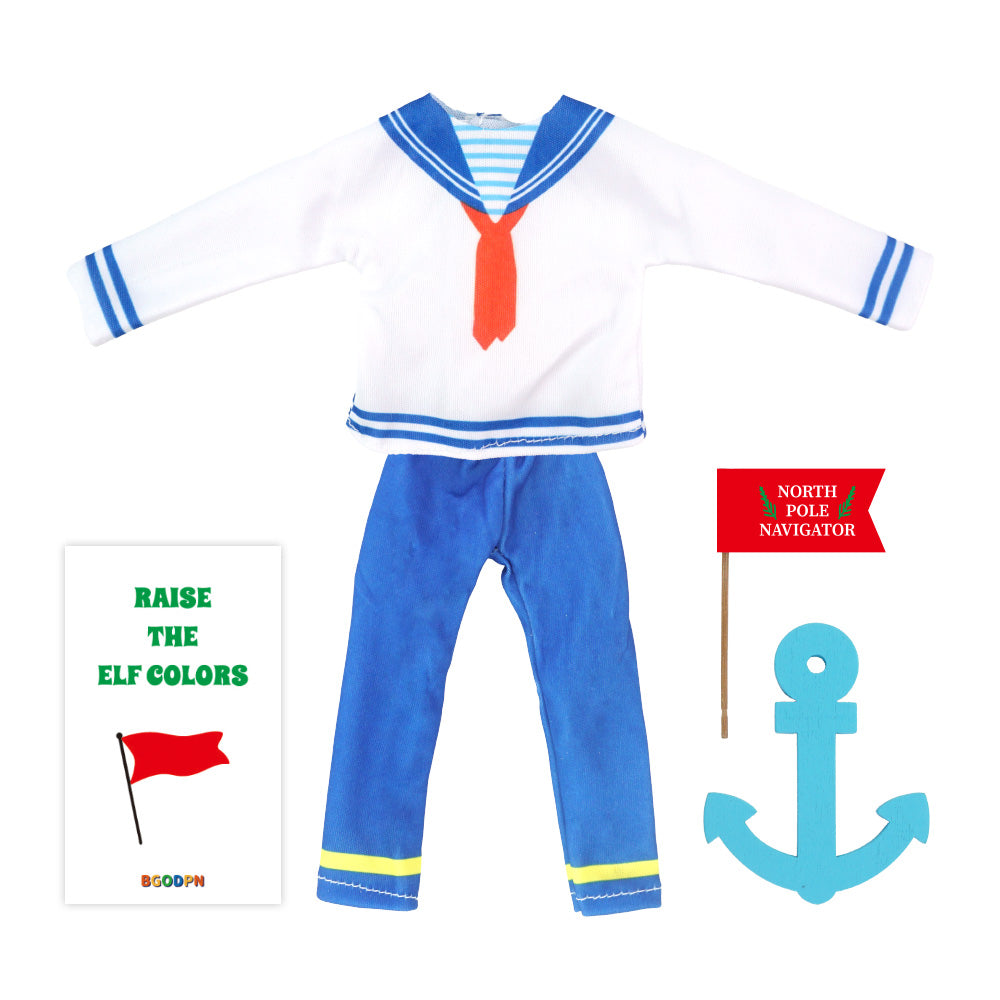 Christmas elf prop set with sailor shirt, blue pants, red flag, card, and anchor for a holiday elf display