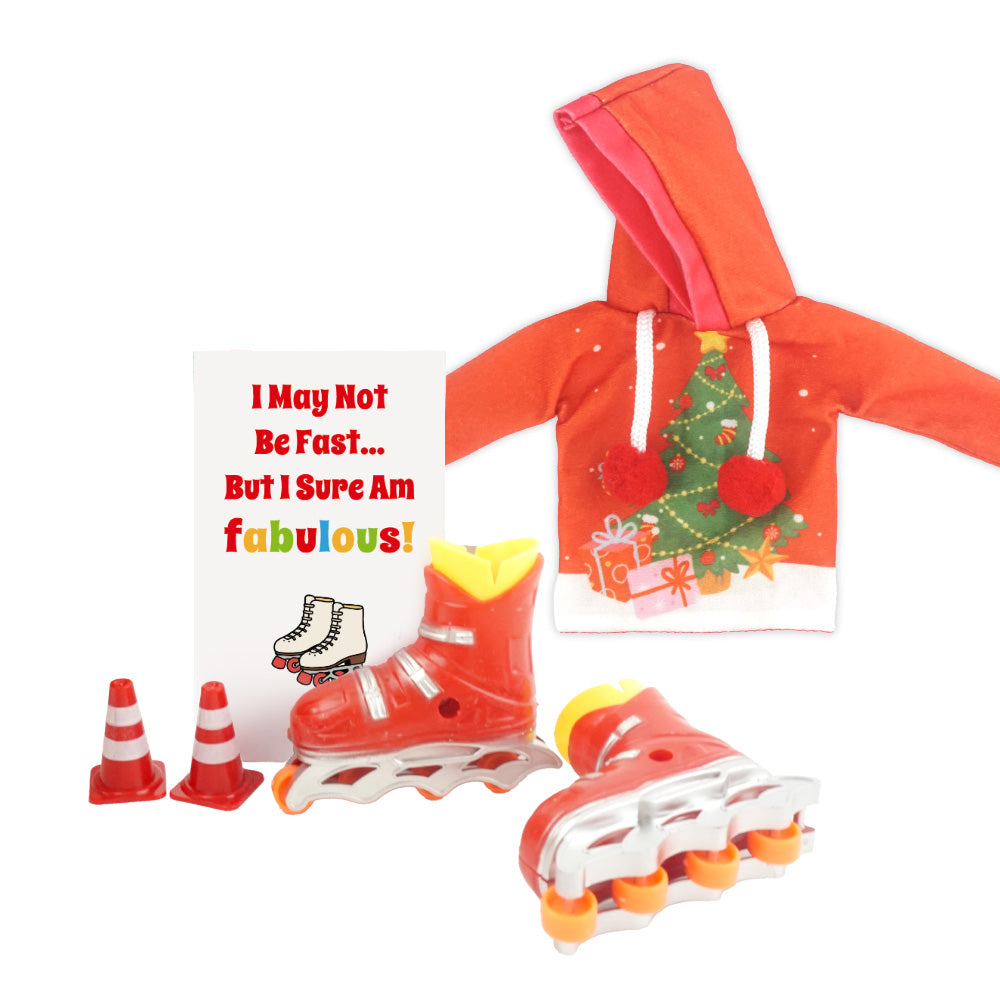 Christmas elf prop set with a tree-print hoodie, roller skates, cones, and activity card.