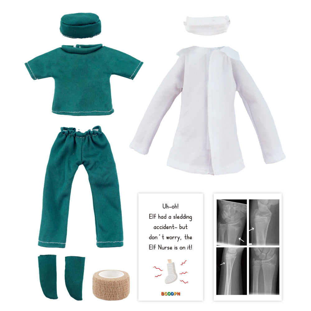Christmas elf prop set with green outfit, white coat, bandage roll, and cards for a holiday elf display.