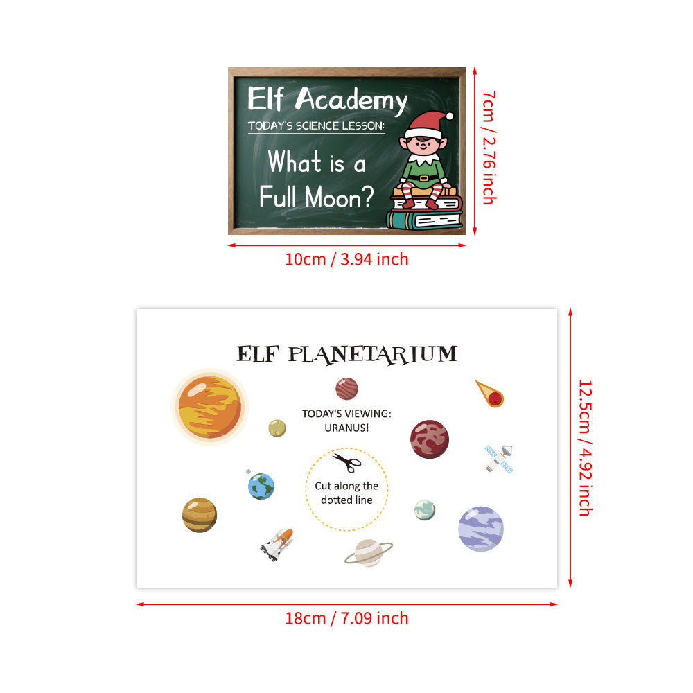 Christmas elf prop set with planetarium poster and full moon lesson card for holiday elf scene display