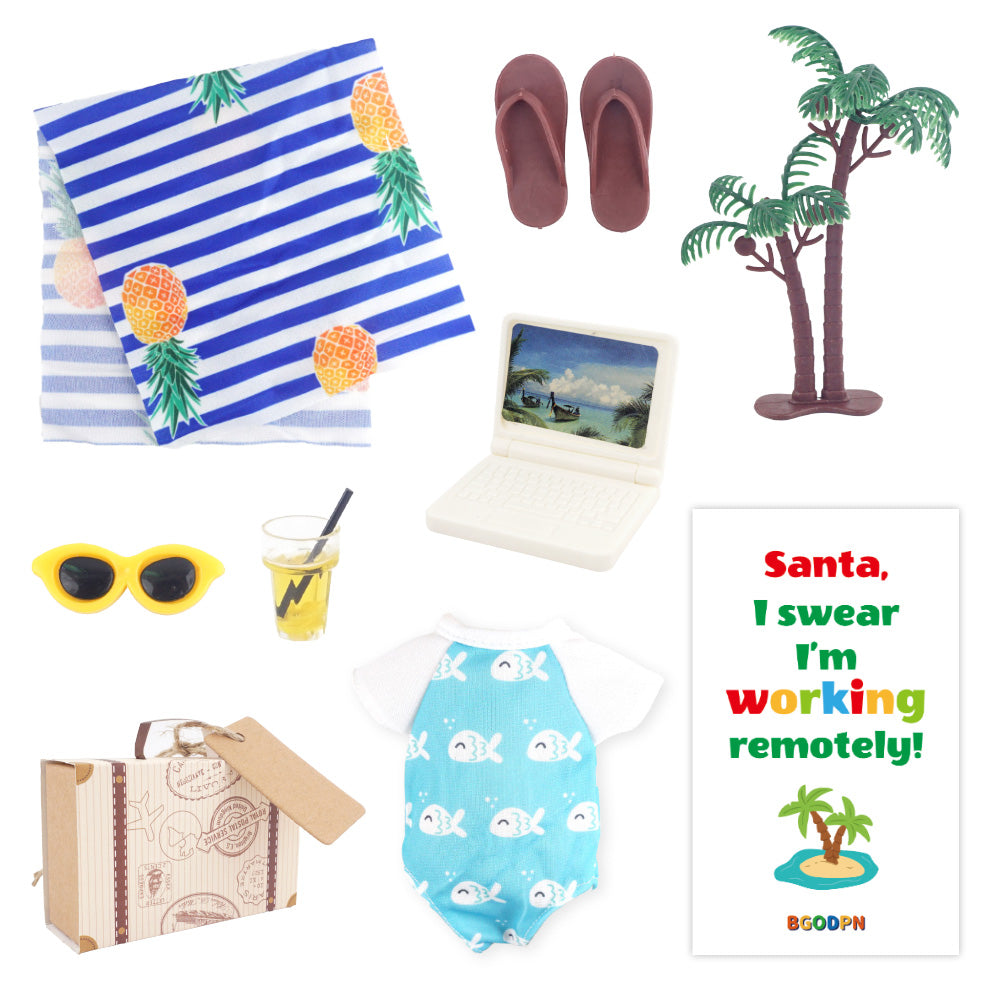 Christmas elf beach scene prop set with laptop, suitcase, swimsuit, towel and activity card
