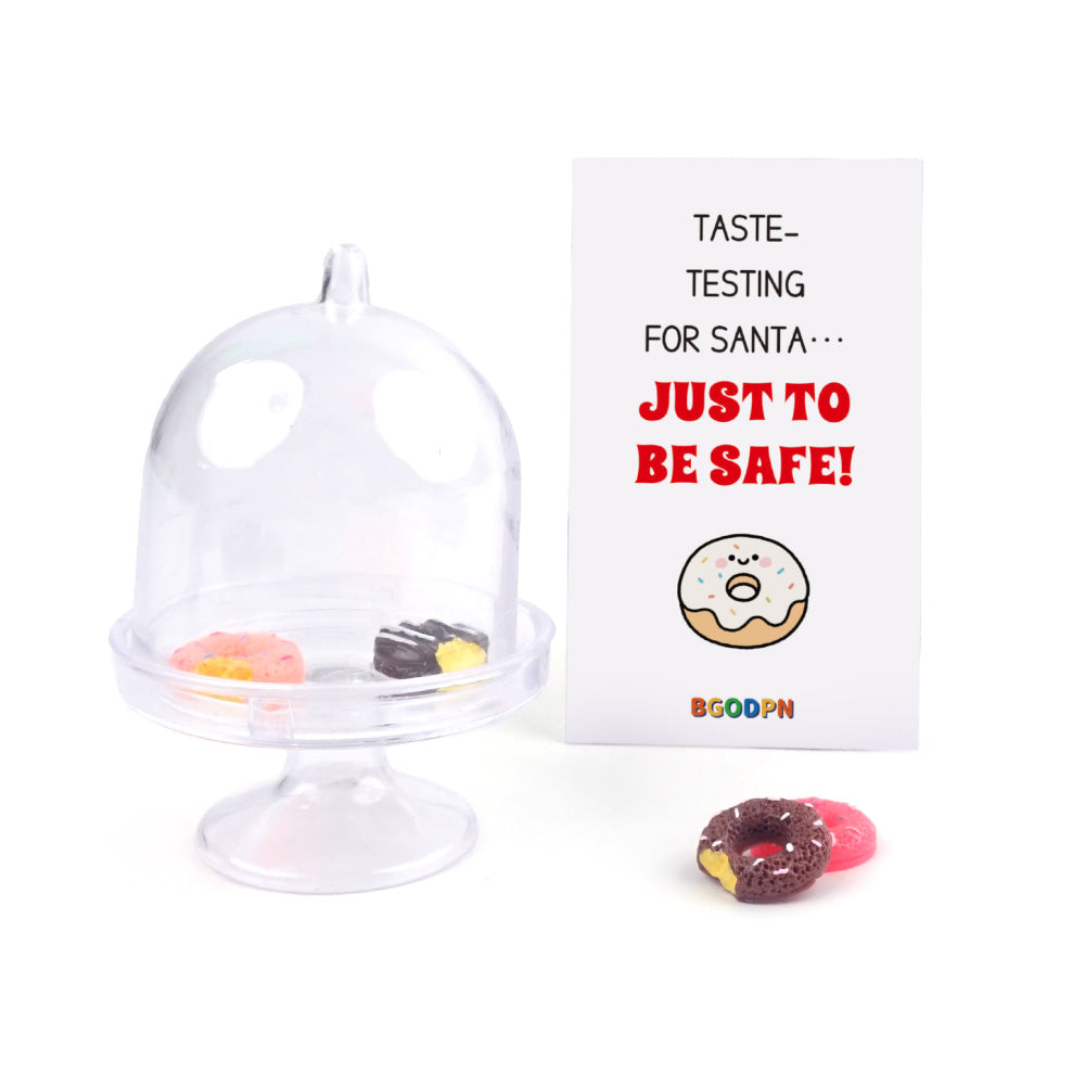 Christmas elf prop set with mini cake dome, 4 donuts, and activity card for holiday elf scene display