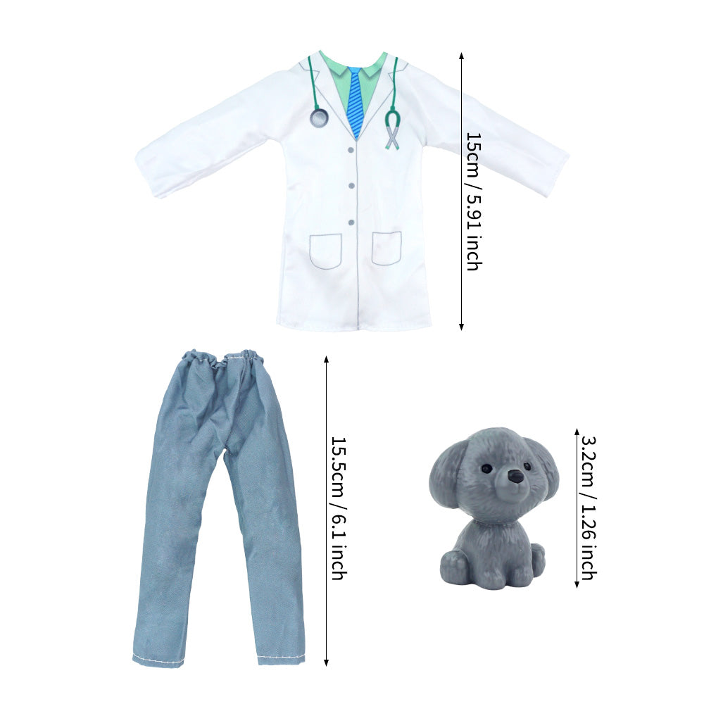 Christmas elf prop set with doctor coat, pants, mini dog figure, and activity card for holiday elf scene display