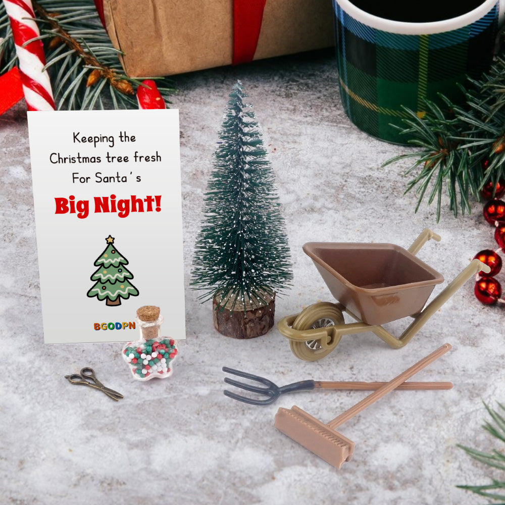 Christmas elf prop set with mini tree, wheelbarrow, tools, star jar, and activity cards for holiday elf display