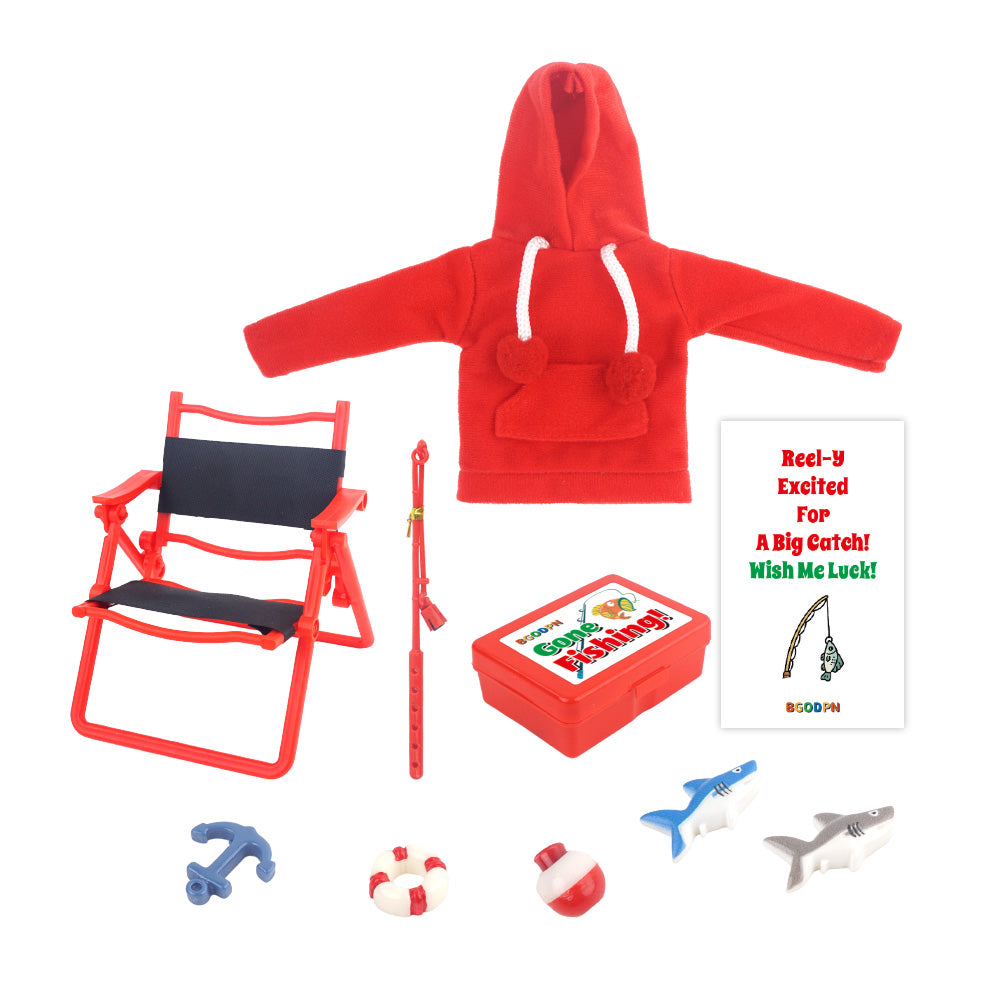 Christmas elf prop set with red hoodie, fishing rod, mini sharks, buoy, anchor, chair, and activity card for holiday elf scene display