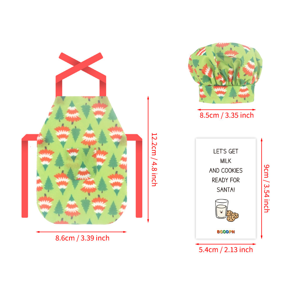 Christmas elf prop set with chef hat, apron, baking tools, milk, dough, and activity card.