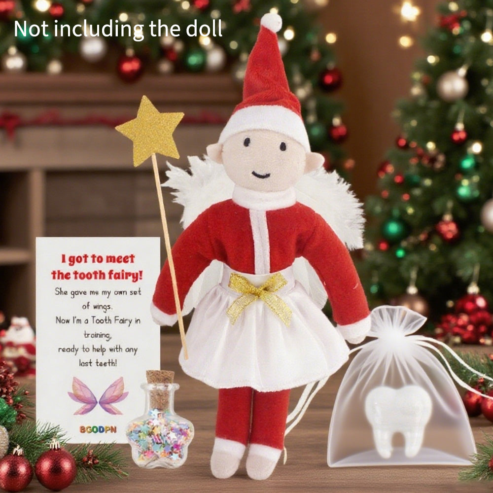 Christmas elf prop set with wings, skirt, star wand, tooth prop, star jar, and activity card for holiday elf scene display
