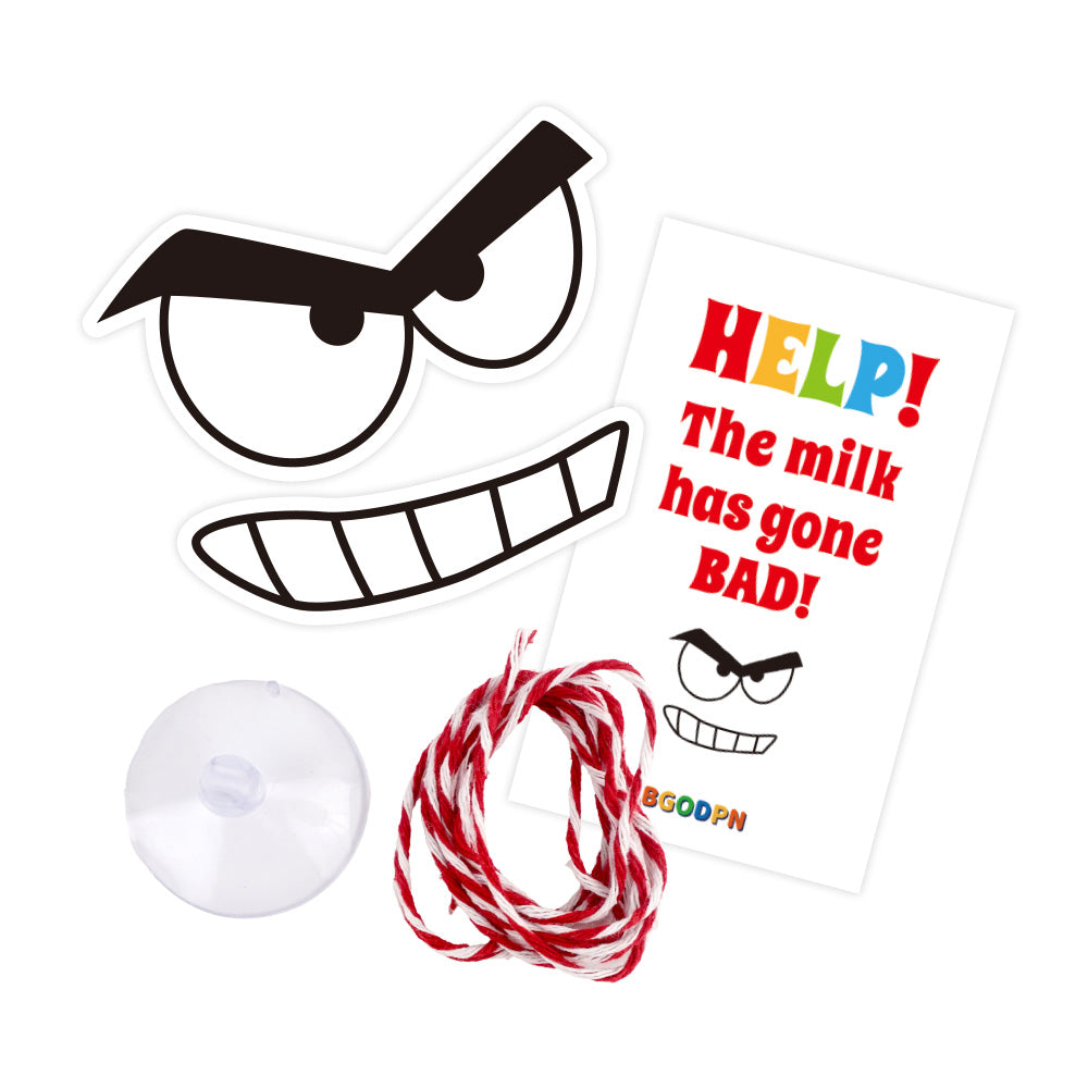 Christmas elf prop set with milk bottle sticker, suction cup string, and activity card for holiday elf scene display