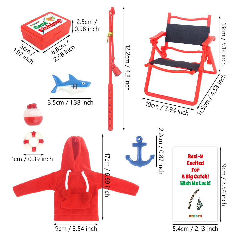 Christmas elf prop set with red hoodie, fishing rod, mini sharks, buoy, anchor, chair, and activity card for holiday elf scene display