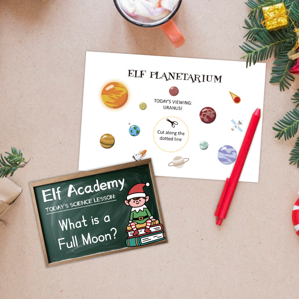 Christmas elf prop set with planetarium poster and full moon lesson card for holiday elf scene display