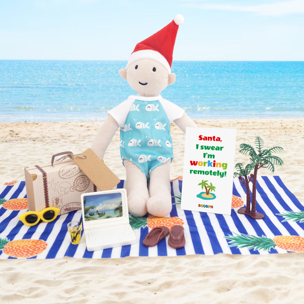 Christmas elf beach scene prop set with laptop, suitcase, swimsuit, towel and activity card