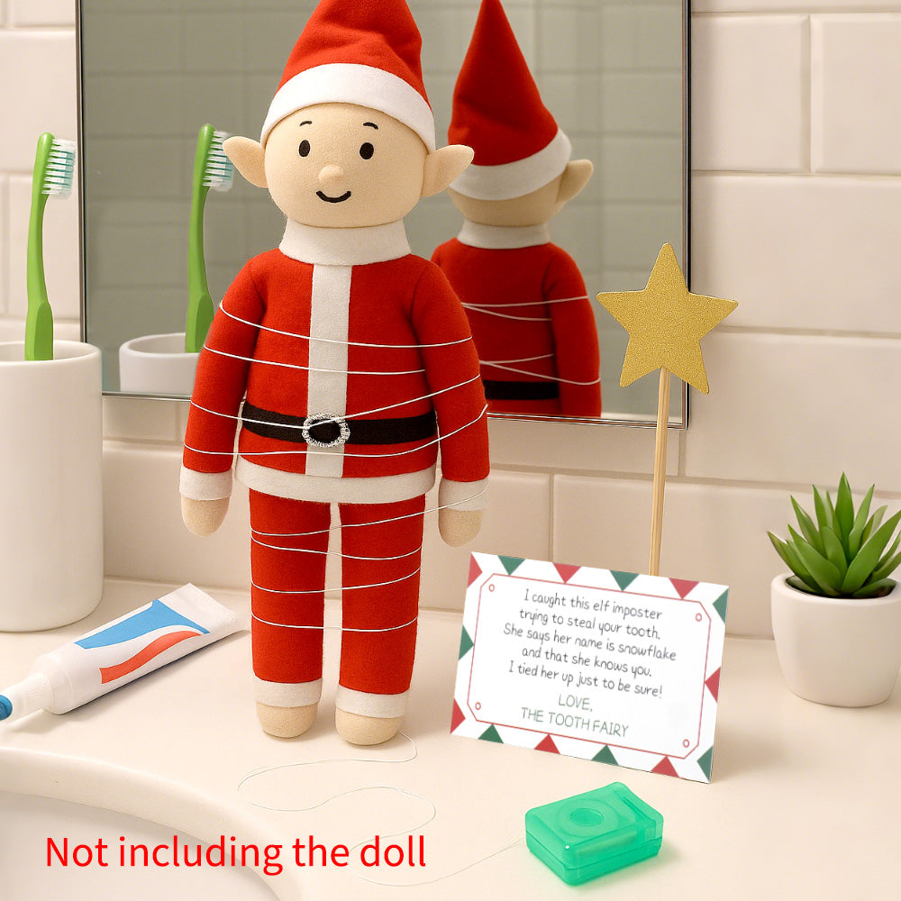 Christmas elf prop set with tooth fairy note card, gold star wand, and tooth box for a holiday elf display.
