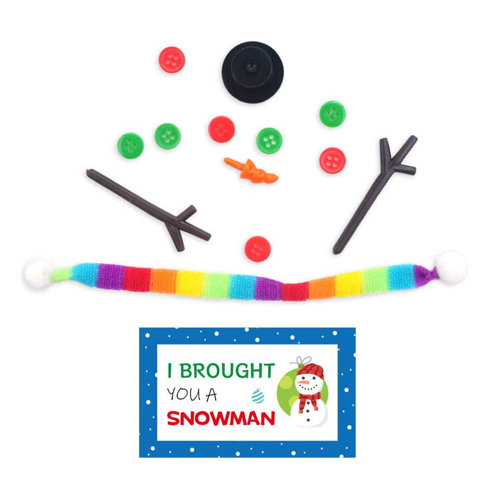 Christmas elf prop set with snowman hat, scarf, stick arms, carrot nose, buttons, and card for a holiday elf display.