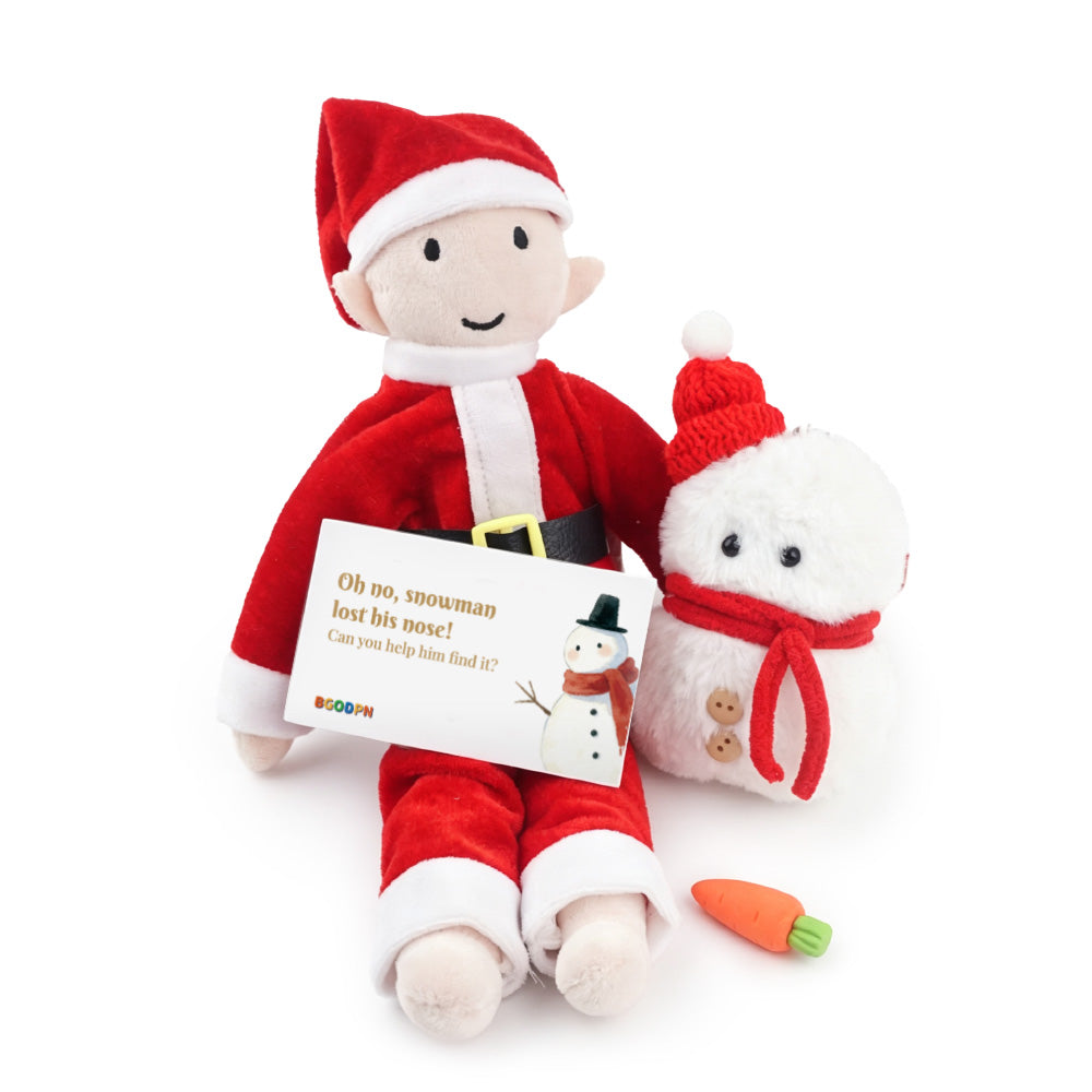 Christmas snowman nose hunt elf prop set with snowman, carrot nose, and holiday activity card