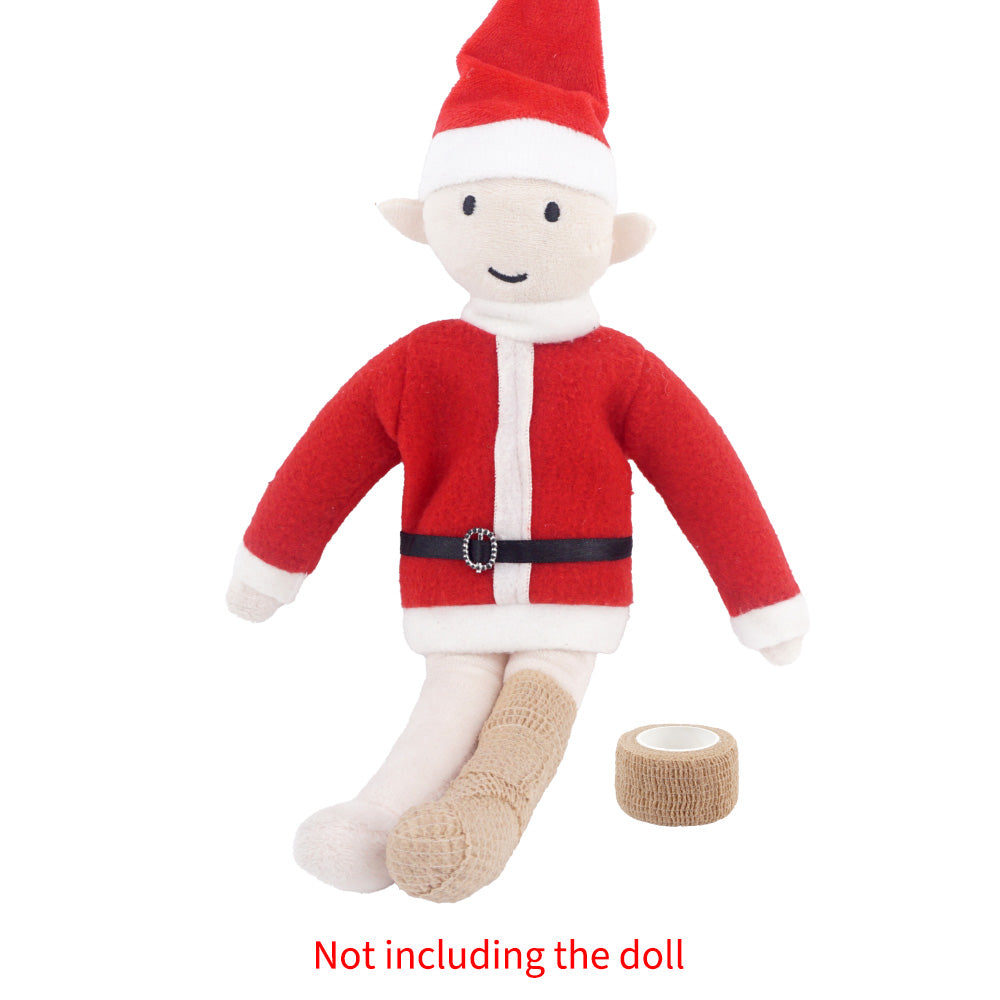 Christmas elf prop set with green outfit, white coat, bandage roll, and cards for a holiday elf display.