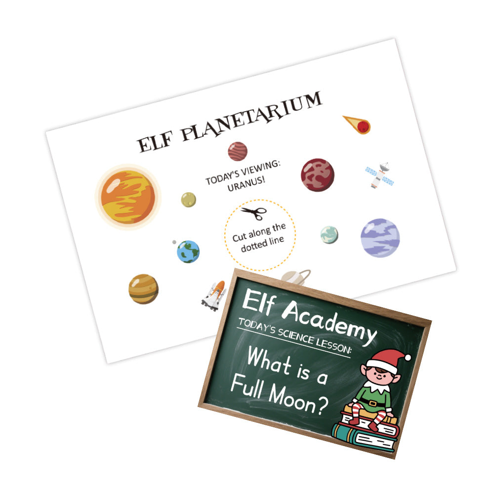 Christmas elf prop set with planetarium poster and full moon lesson card for holiday elf scene display