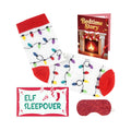 Christmas elf prop set with holiday sock, bedtime story card, sign, and sleep mask for a holiday elf display.